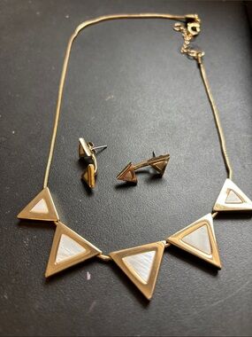 Gold Triangle Inlay Necklace and Stud Earring Set - White Inlay
